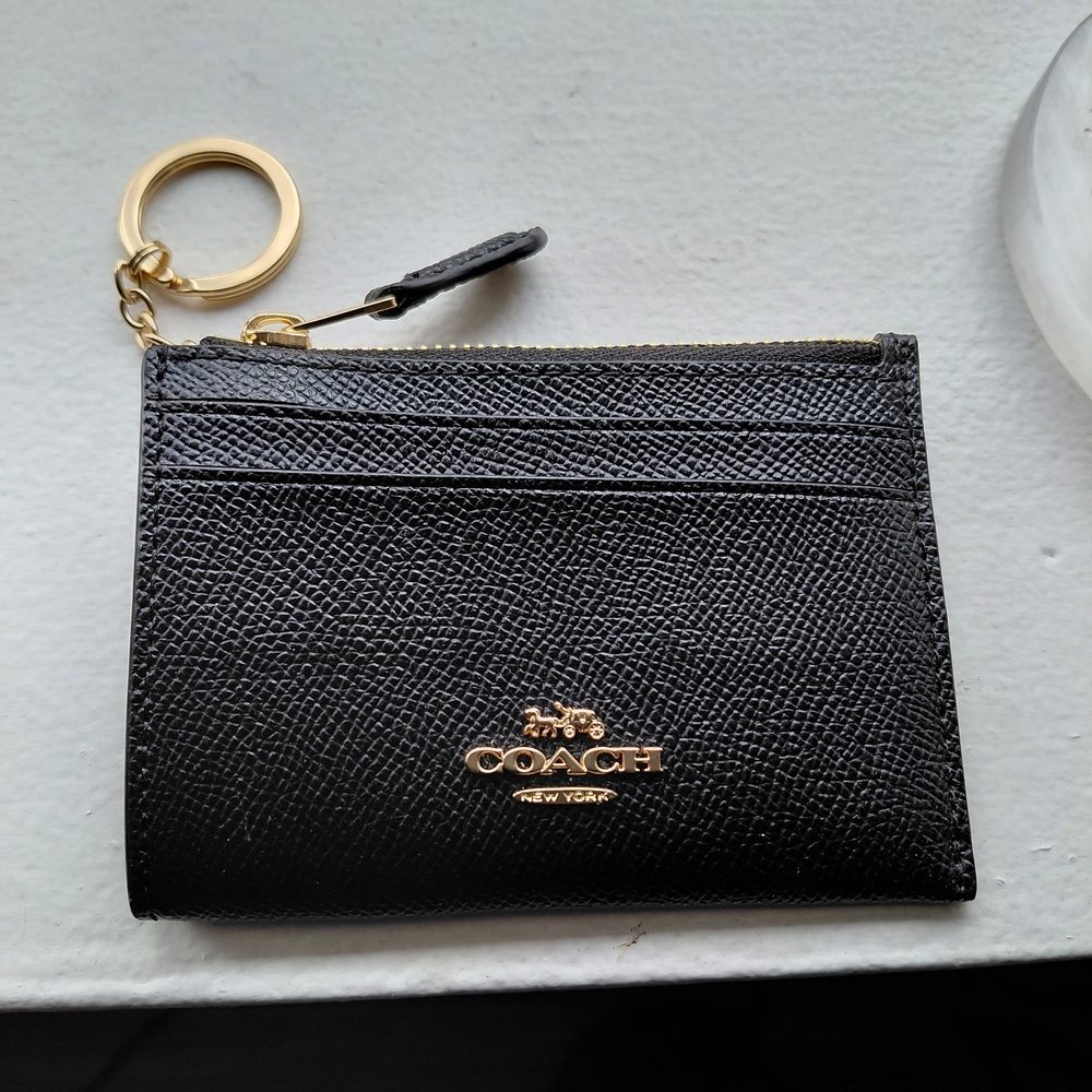 Coach Black Leather Card Holder Key Ring with Gold Logo